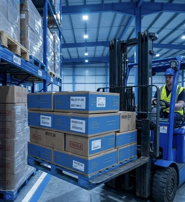 Forklift operator moving pallets of stock through a warehouse aisle
